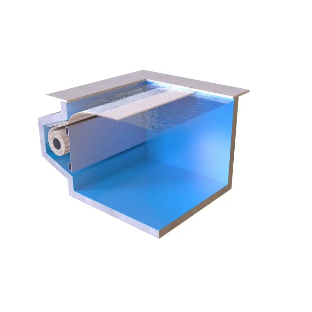 Blå pool med metallram, vit ribbad filtrering och extern motor